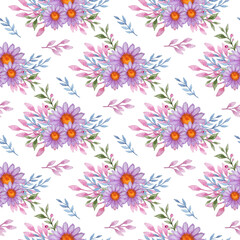 Floral watercolor seamless pattern with violet flowers and branch on a white background