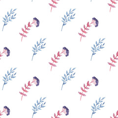 Floral watercolor seamless pattern with blue branch and flowers on a white background