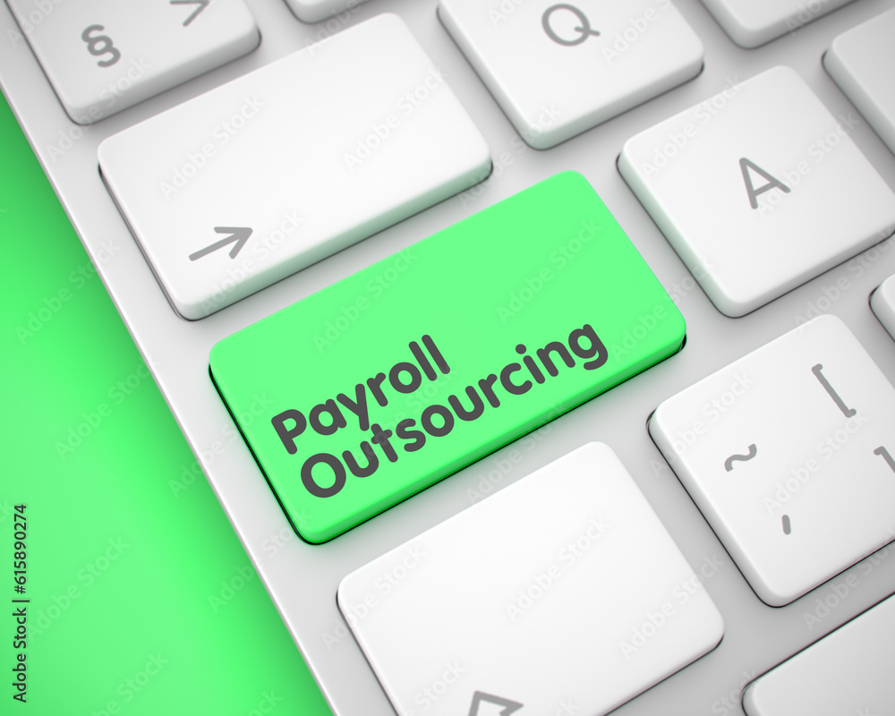 Poster online service concept with white enter green key on keyboard: payroll outsourcing. a keyboard with 