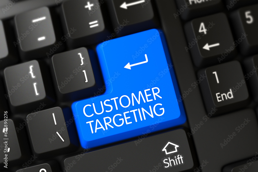 Poster black keyboard with the words customer targeting on blue button. 3d render.