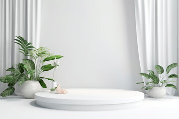 Naklejka na ściany i meble Beauty, fashion, make-up, product concept. Minimalist product placement white podium with leaves and flowers in background and copy space. Minimalist and luxury style. Generative AI