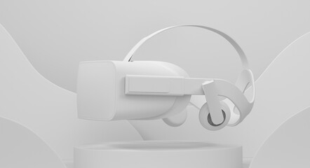 Virtual reality glasses on cylinder podium with step on monochrome