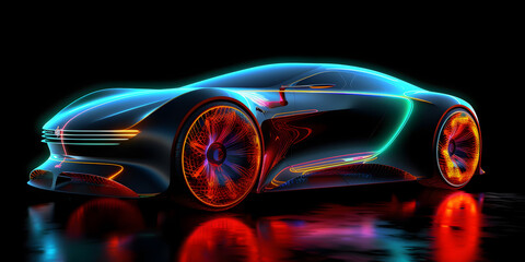 Obraz na płótnie Canvas Fast Cyberpunk color neon modern car of future from bright lines in motion. Concept autopilot revolution. Generation AI