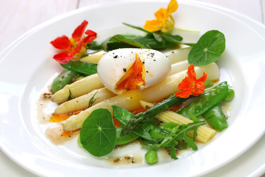 white asparagus warm salad with soft boiled egg and vegetables