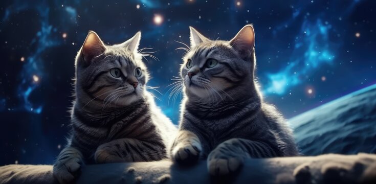Two cats on the background of space, stars and galaxy. Realistic picture. 3D. Blue-violet colors. Generative AI