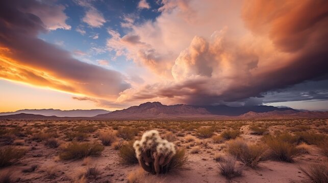 Texas desert, devoid of any vegetation. Above, a striking sky filled with dramatic clouds adds to the atmosphere. In the backdrop, majestic mountains. Created with Generative AI. 