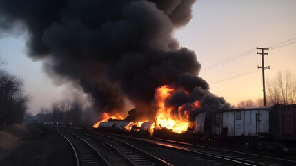Obraz premium Wagons freight train carrying hazardous substances derailed, tanks burning fire with pesticides. Concept technogenic disaster. Generation AI.