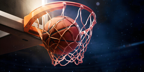 Banner sports tournament Basketball, ball on dark background court, copy space. Generation AI