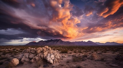 Texas desert, devoid of any vegetation. Above, a striking sky filled with dramatic clouds adds to the atmosphere. In the backdrop, majestic mountains. Created with Generative AI. 