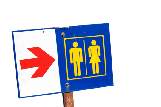 colourful public toilet sign isolated on transparent, grunge steel signpost