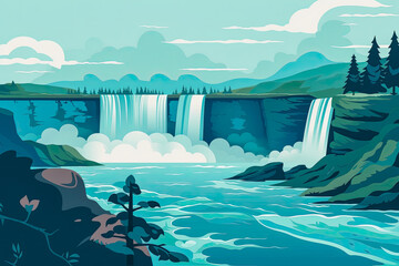 Flat illustration of waterfall with a landscape background. Generative AI.