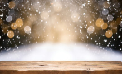 Naklejka na ściany i meble White Winter Scene. Empty Wooden Table on Snowy Blur Background with Copy Space and Bokeh Lights - Mockup Product Display