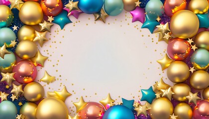Colorful Celebration: 3D Metallic Balloons and Star-Shaped Decor on a White Background | AI-Generated Frame