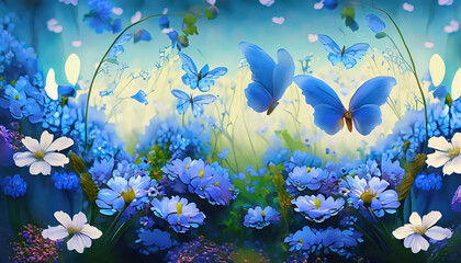 Fototapeta na wymiar Blooming Nature: Vibrant Floral Illustration with Butterflies in a Summer Sky | AI-Generated Design