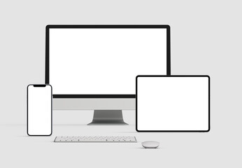 Set of realistic monitor, notebook, tablets and smartphones on the white background