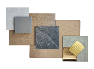 group of industrial interior material samples including gold stainless, hairline copper aluminium, bronze metallic, stone tiles, wooden veneer, quartz isolated on background with clipping path.