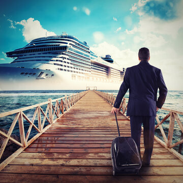 Man boarding on a cruise ship carrying his trolley