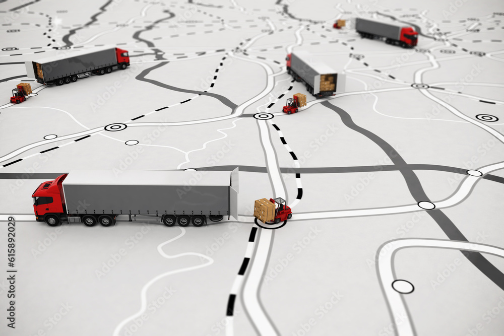 Poster loading pallets of boxes on truck on a road map. concept of global shipment and gps tracking. 3d ren