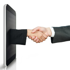 Hand comes out of the screen to sign an agreement or help someone in trouble