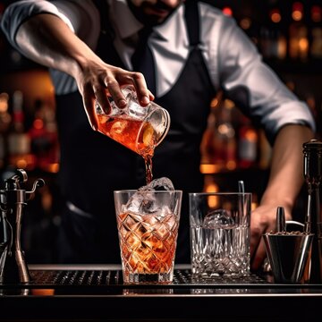 drink photography, refreshing drinks, cocktail pouring into the glass by the bartender, nice clean hands, cocktail equipments as the background - generative AI