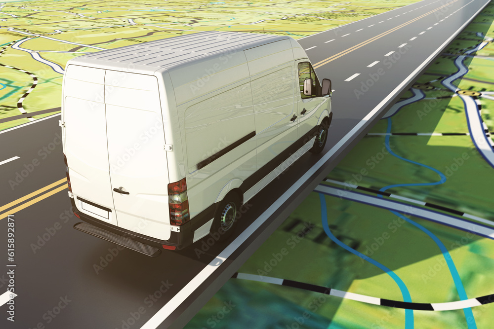 Poster road transport. distribution and sorting of goods. concept of shipment and tracking system. 3d rende