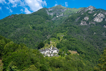 Fototapeta na wymiar Corippo, a typical Ticino village, in the Verzasca Valley, Canton of Ticino, Switzerland, Europe