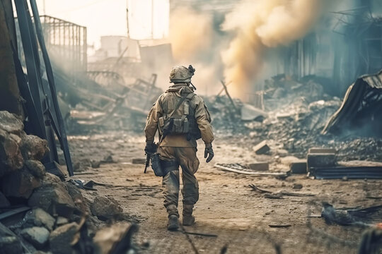 Faceless Soldier walking in destroyed city. Generative AI illustration