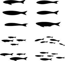 Colony of swiming sea or aquarium fishes. Group of silhouttes .