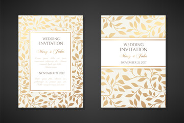 Vintage wedding invitation templates. Cover design with gold tra