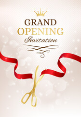 Grand opening invitation card with cut red ribbon and gold scissors. - obrazy, fototapety, plakaty