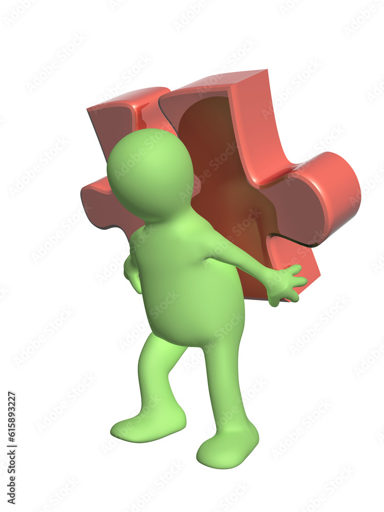 Aufkleber 3d man of green color with part of puzzle of red color. isolated on white background. 3d render