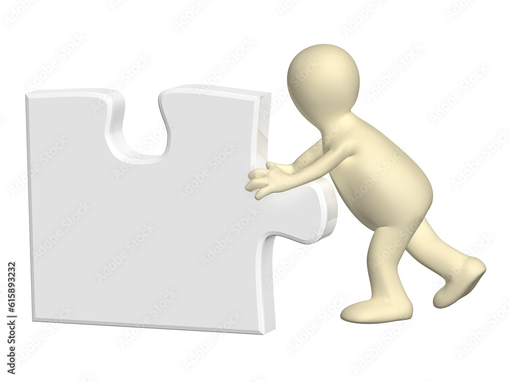 Poster 3d man pushing part of puzzle of grey color. isolated on white background. 3d render