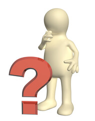 3d puppet with question mark. Isolated on white background. 3d render