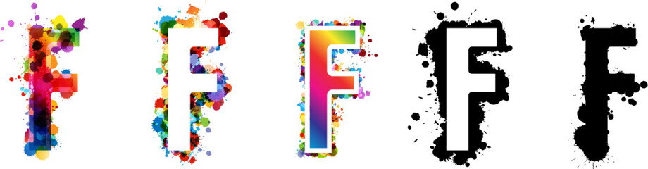 F letters with rainbow and black paint splash decorative elements. Colorful F letter emblems collection. Vector illustration in artistic style.
