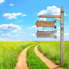 Rural summer landscape with dirt road and old wooden signboard with two wood arrows © Designpics