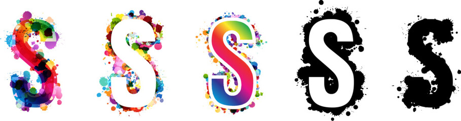 Obraz premium S letters with rainbow and black paint splash decorative elements. Colorful S letter emblems collection. Vector illustration in artistic style.
