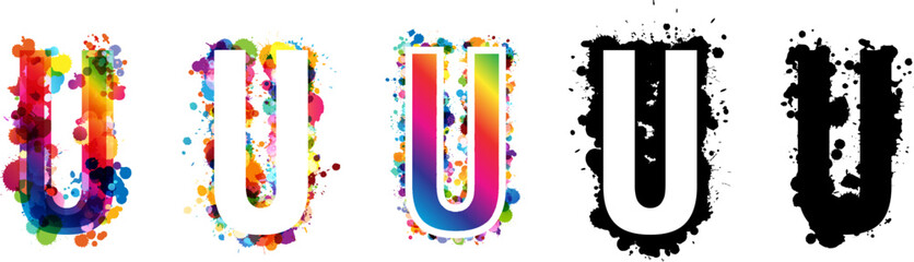 U letters with rainbow and black paint splash decorative elements. Colorful U letter emblems collection. Vector illustration in artistic style.
