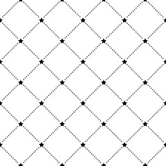 Geometric grid seamless pattern with dots and star shapes. Monochrome abstract vector texture.