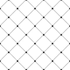 Geometric grid seamless pattern with dots and star shapes. Monochrome abstract vector texture.