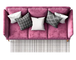 Pink Textile Sofa With Carpet. Top Plan View. Interior Design Realistic Rendering. Ai Generative