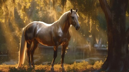 A majestic dark palomino quarter horse stands gracefully, positioned near a backdrop of towering trees. Created with Generative AI.