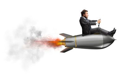Businessman flying over a fast rocket. concept of company startup