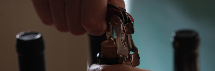 Woman hands holding corkscrew and opening bottle of wine