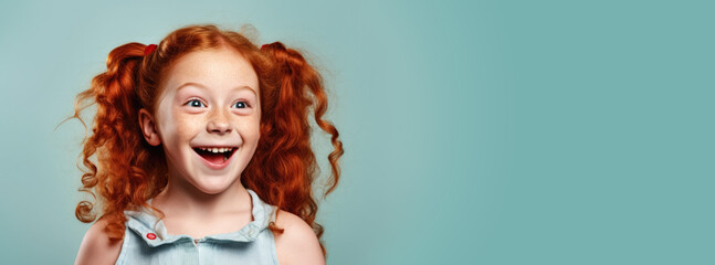 Smiling small ginger red curly hair girl with freckles. She looks cute and innocent, but is probably little rascal. Banner with empty copy space on side. Generative AI