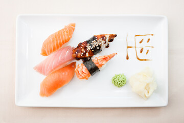 Sushi set with shrimp, tuna, trout, eel and smoked salmon