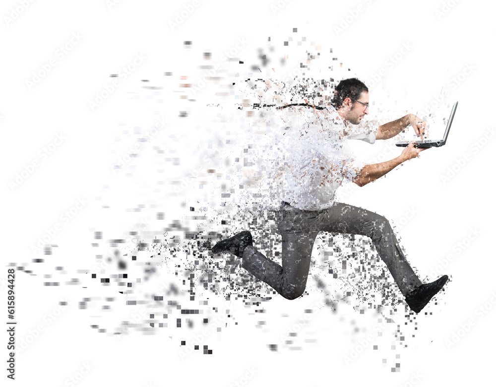 Poster fast internet connection concept with running businessman with laptop