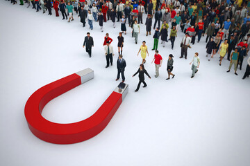Magnet attracts people from a pile. 3D rendering