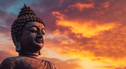 Obraz premium Tathagata Buddha statute, detail to head, orange sunset sky background. Generative AI