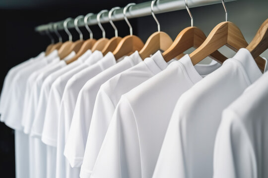 White t-shirts hanging on wooden clothes hangers. Generative AI. 