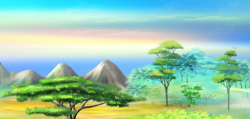 Panorama of African Savannah in a Hot Summer morning. Acacia Tree in a Mountains at sunrise. Digital Painting Background, Illustration in cartoon style character.